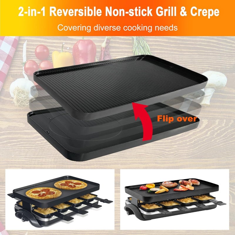 Tamarit Classic 8 Person Raclette Grill 1500W Electric Tabletop Griddle with Reversible Plate, 8 Non-Stick Cheese Trays and Spatulas Indoor Portable Korean BBQ Barbecue Party Grill Black - Image 3